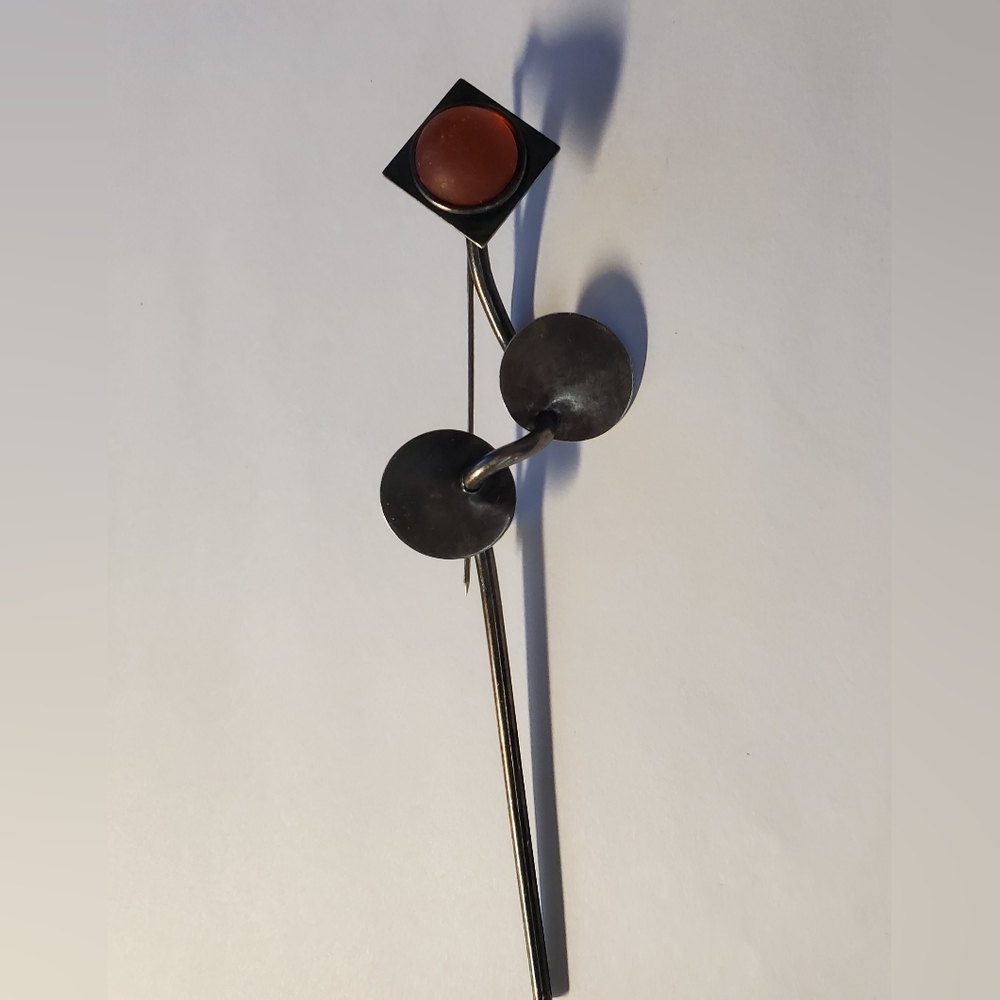 BROOCH 6in Pewter with Orange stone. RARE Unsigned Vintage.